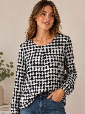 Pendleton Houndstooth Print Blouse Women’s Size 8 Black White Career Office